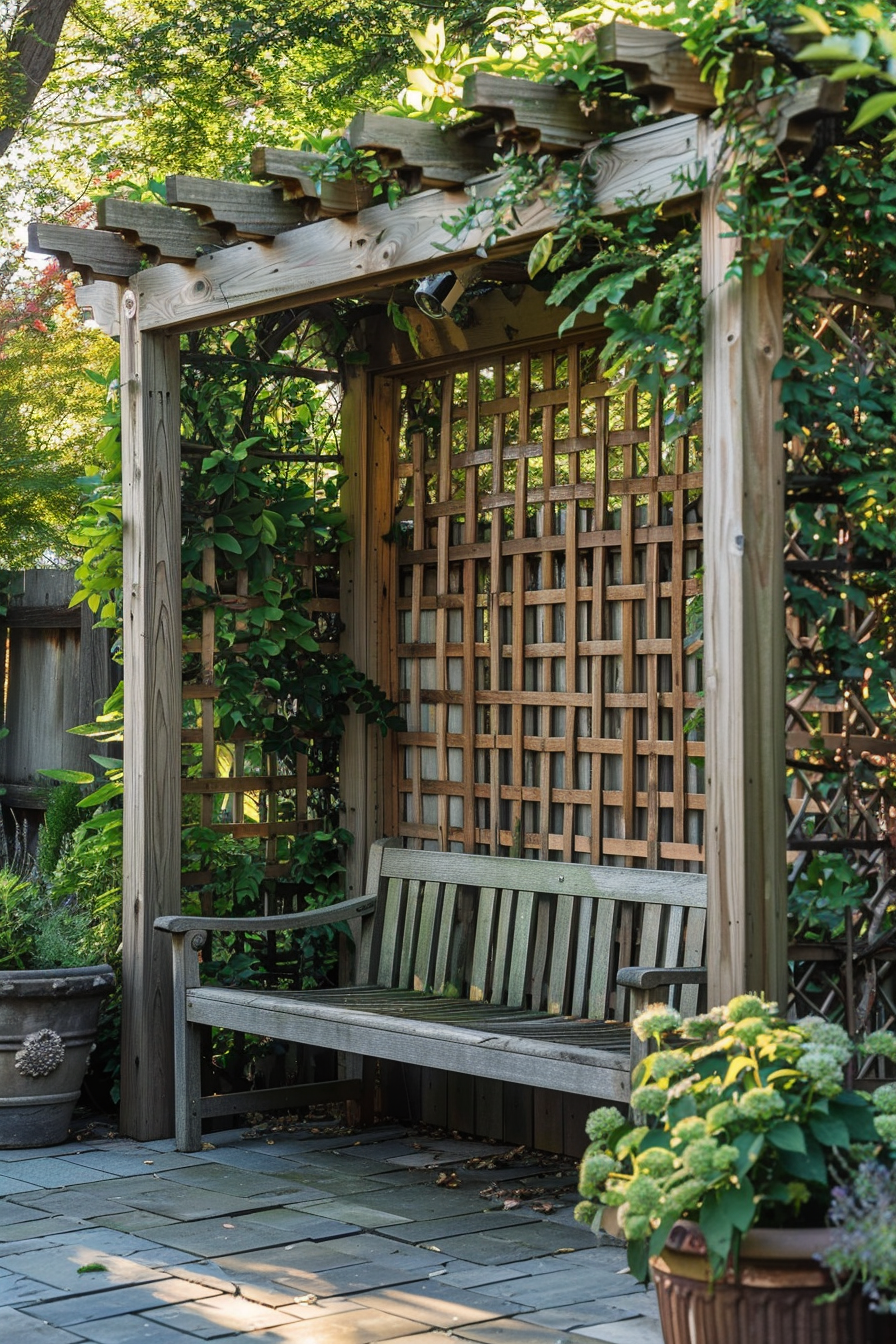 Wooden bench under a pergola with lattice in a tranquil garden setting, surrounded by greenery and potted plants.
