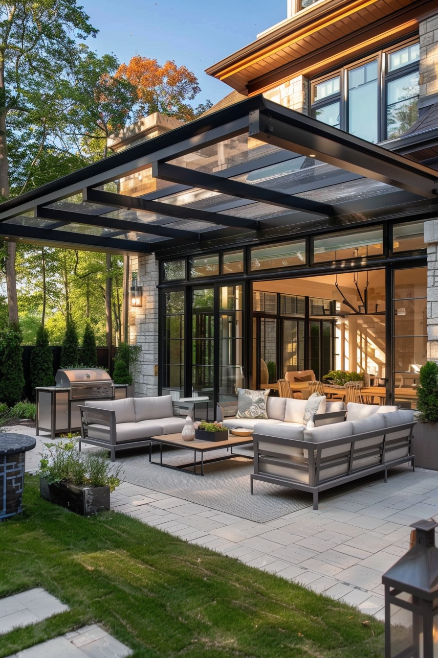 Modern outdoor patio with furniture under a pergola, adjacent to a house, with greenery in the background.