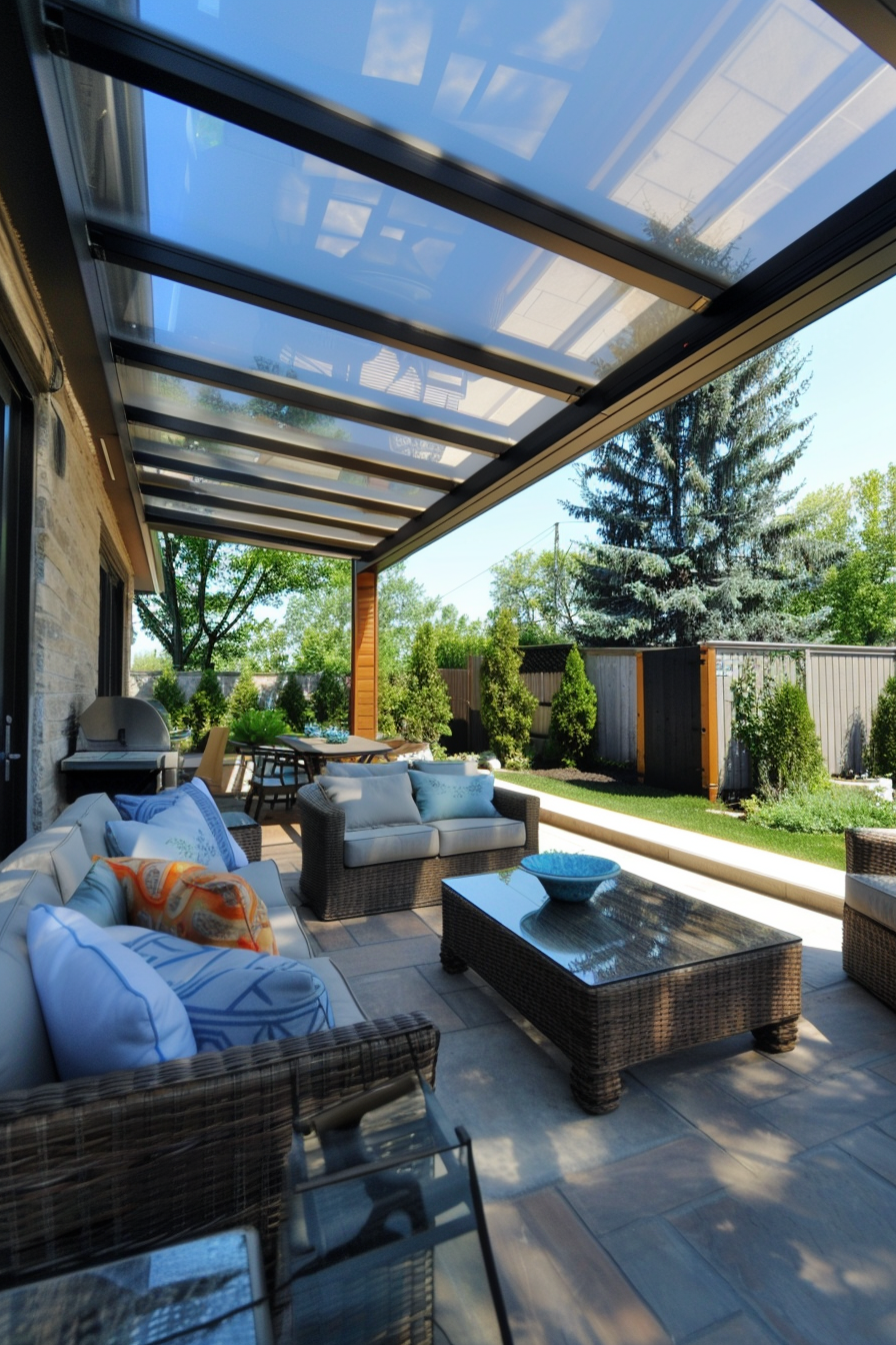 Outdoor patio area with wicker furniture, cushions, and a glass roof on a sunny day.