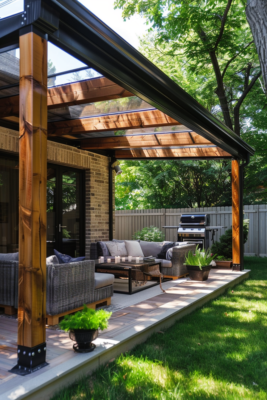 A modern patio with wooden pergola, outdoor furniture, and a barbecue grill set in a lush garden.