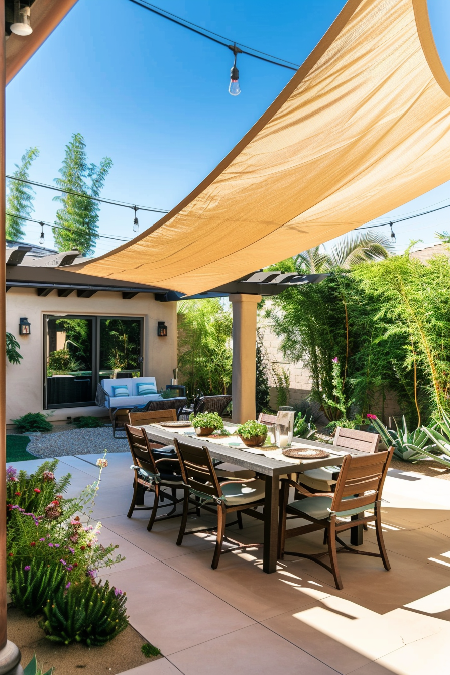 Patio area with a dining table set under a shade sail, string lights above, adjacent to a seating area, surrounded by lush greenery.
