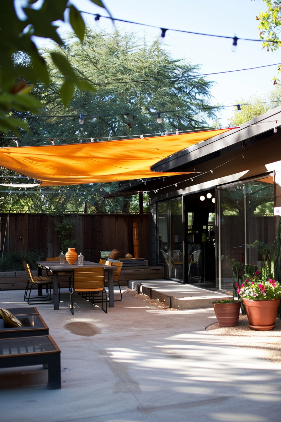 Backyard patio with orange shade sail, string lights, outdoor furniture, potted plants, and a view of trees under a clear sky.