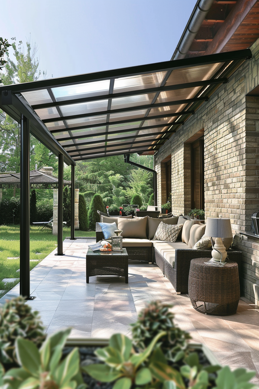 Elegant outdoor patio area with modern furniture under a translucent roof, surrounded by greenery and a brick wall house.