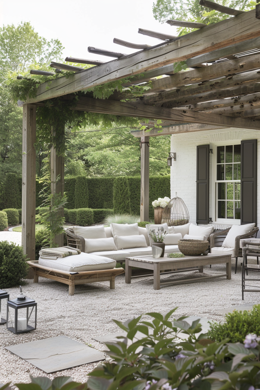 Outdoor patio with a wooden pergola, lush greenery, and cozy furniture with white cushions.
