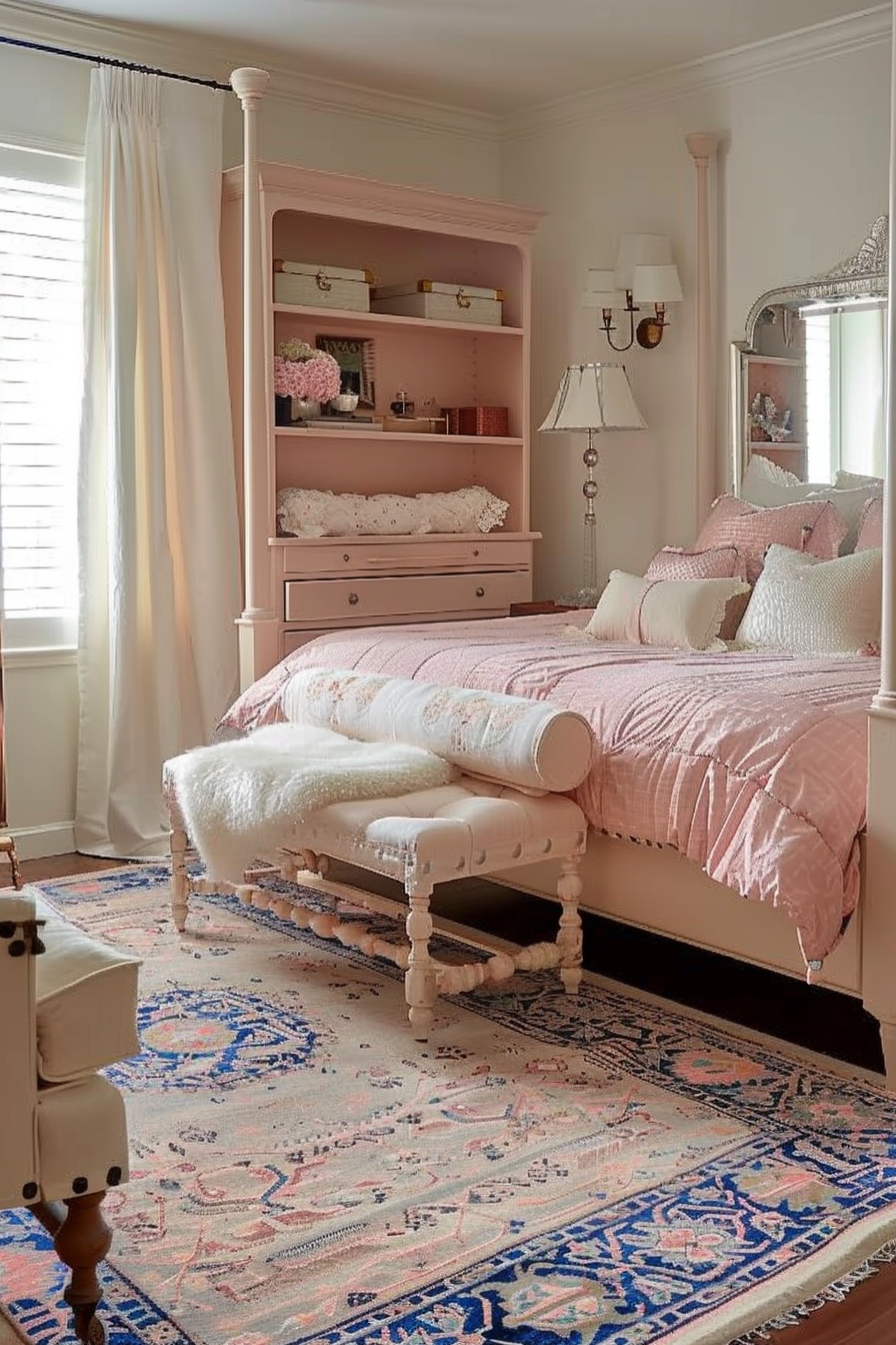 ALT: A cozy bedroom with blush pink hues featuring a bed with pink bedding, a pink shelf, white end bench, and an ornate rug.