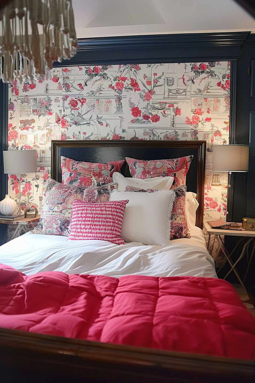 Elegant bedroom with a dark wood bed frame, white linens, pink comforter, and floral wallpaper with a dark ceiling.
