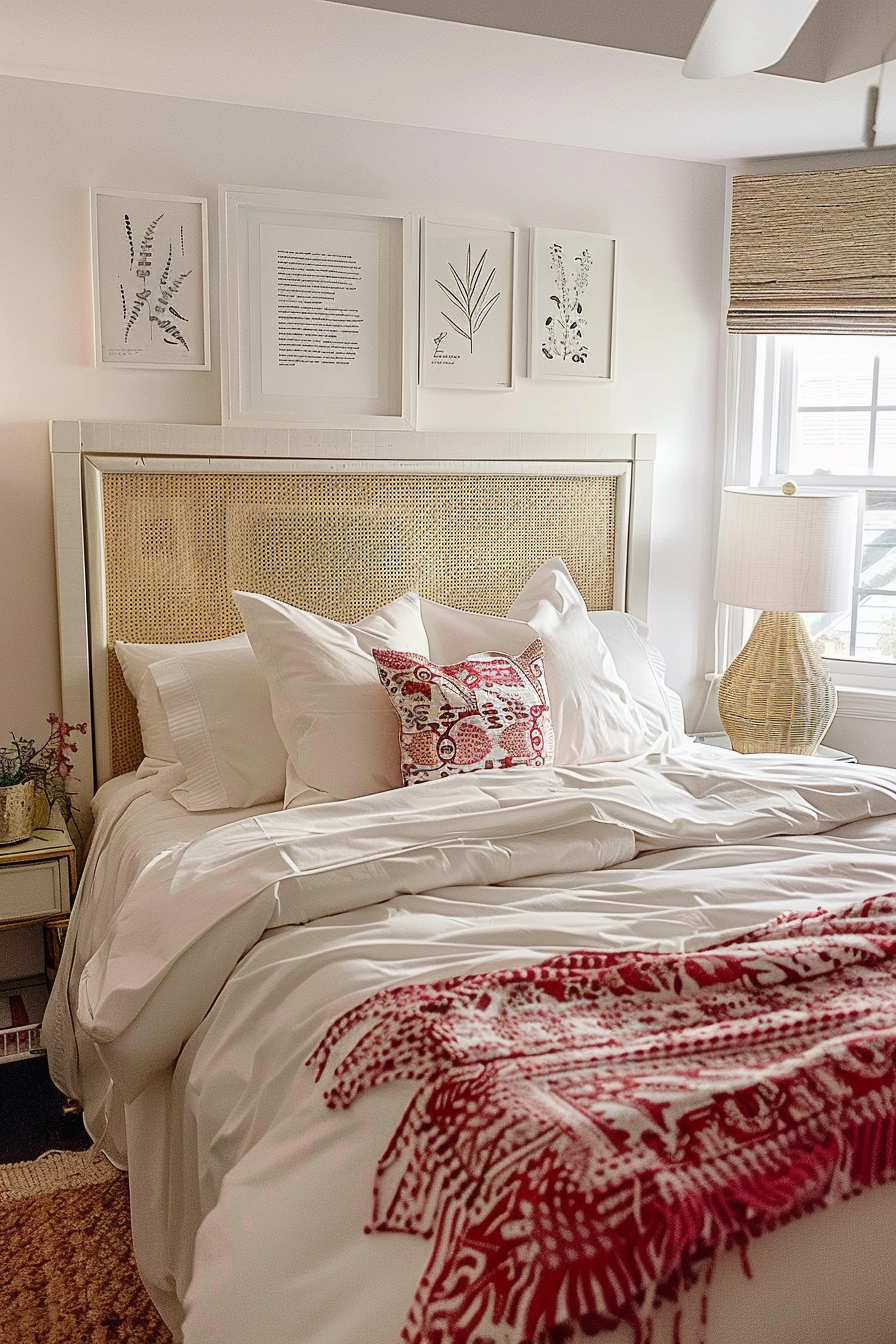 Cozy bedroom with white bedding, red patterned throw blanket, rattan-headboard bed, framed botanical prints on wall, and natural light.