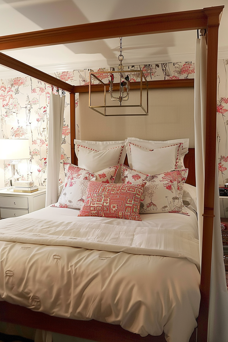 Elegant bedroom with a four-poster bed, white linens, decorative red and white pillows, and a chandelier above. Floral wallpaper adds charm.