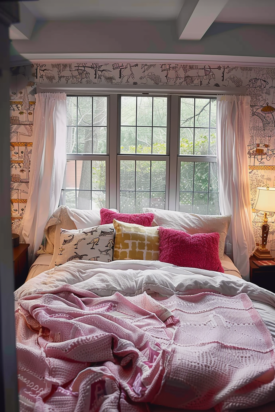 Cozy bedroom with unmade bed, pink blankets, decorative pillows, and window view of trees.