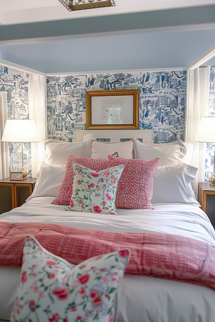 ALT: A cozy bedroom with a white bed featuring pink floral pillows, unique blue and white patterned wallpaper, and framed artwork above.
