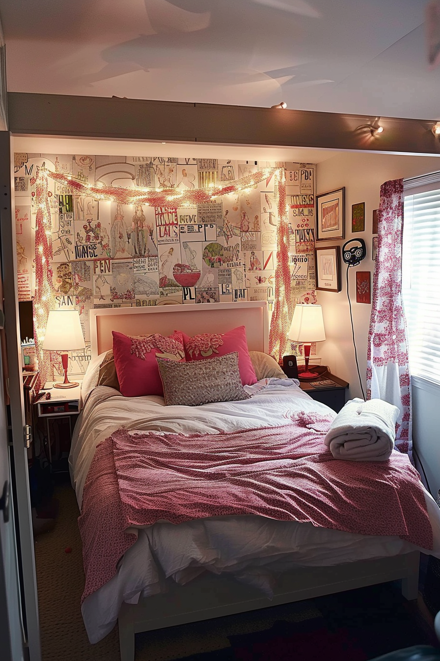 Cozy bedroom with pink accents, string lights, eclectic wall decor, and a comfy bed with decorative pillows.