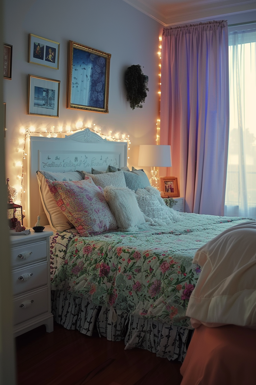 Cozy bedroom with a floral bedspread, string lights on the wall, multiple pillows, and artwork above the headboard.