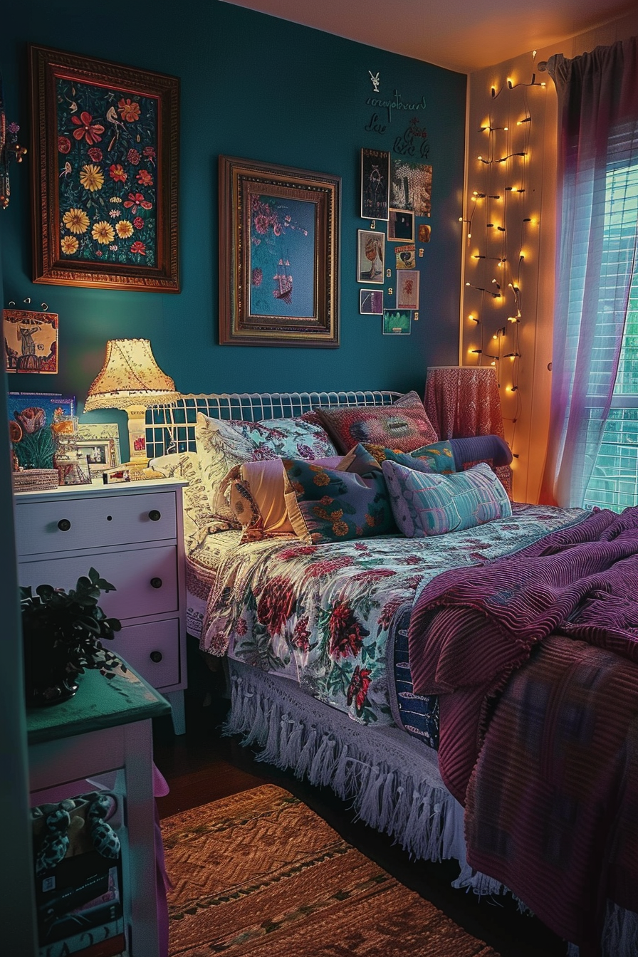 ALT: Cozy bedroom with bohemian decor, a teal wall, patterned bedding, fairy lights, various frames and posters, and a vintage lamp.