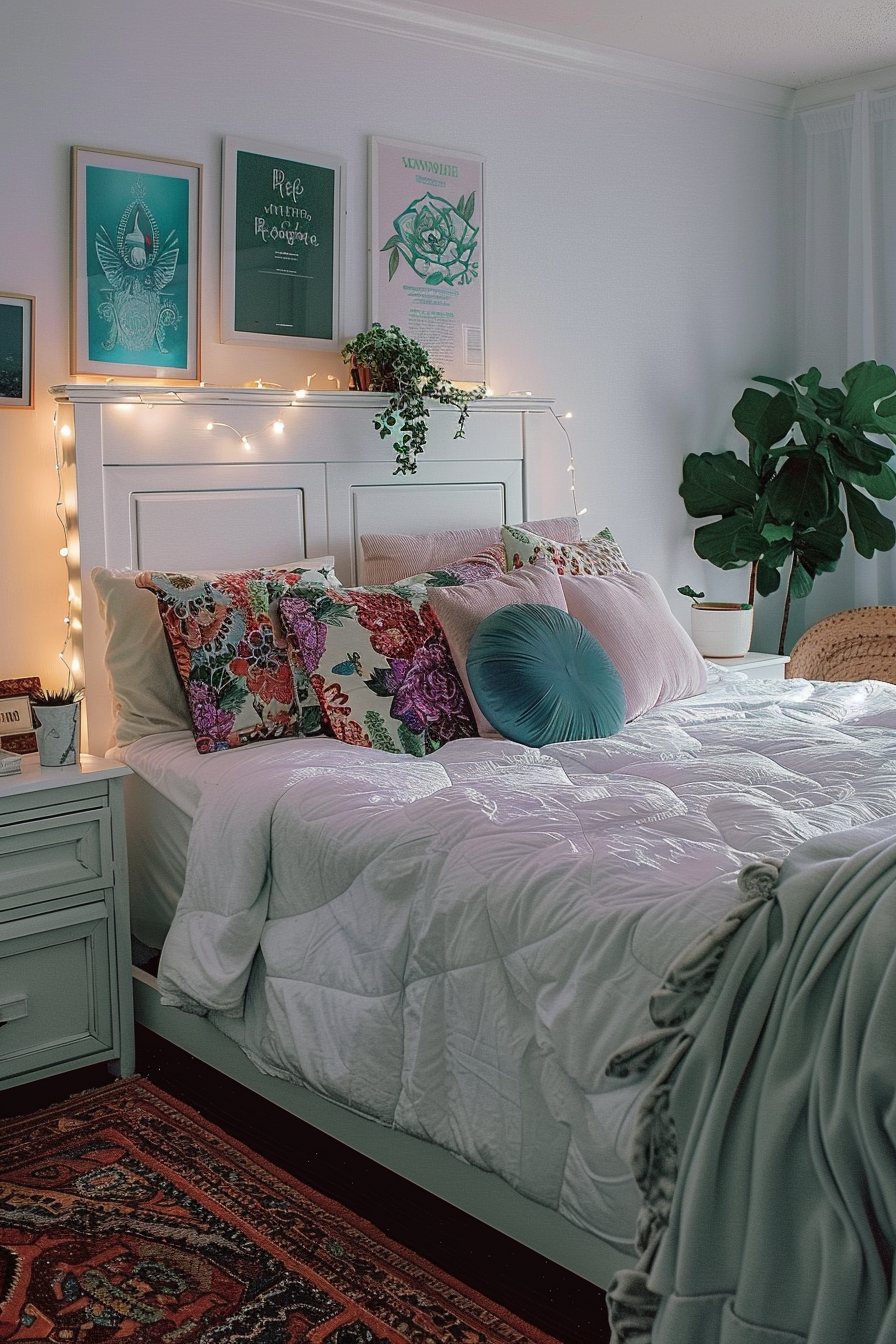 Cozy bedroom with a white bed adorned with floral pillows, fairy lights, framed artwork on the wall, and a large leafy plant.