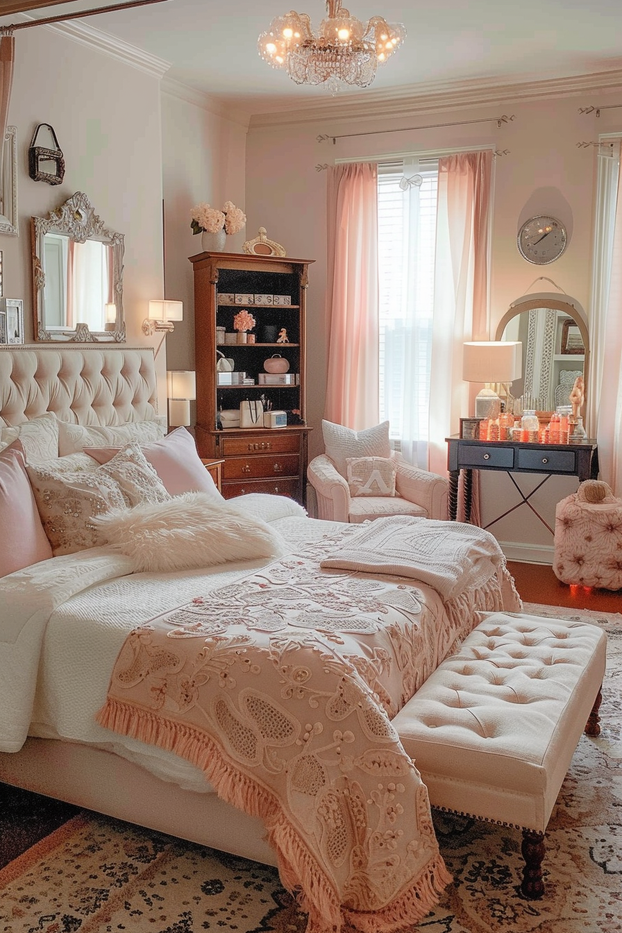 Elegant bedroom with a plush white bed, pastel pink accents, ornate mirror, and a crystal chandelier.