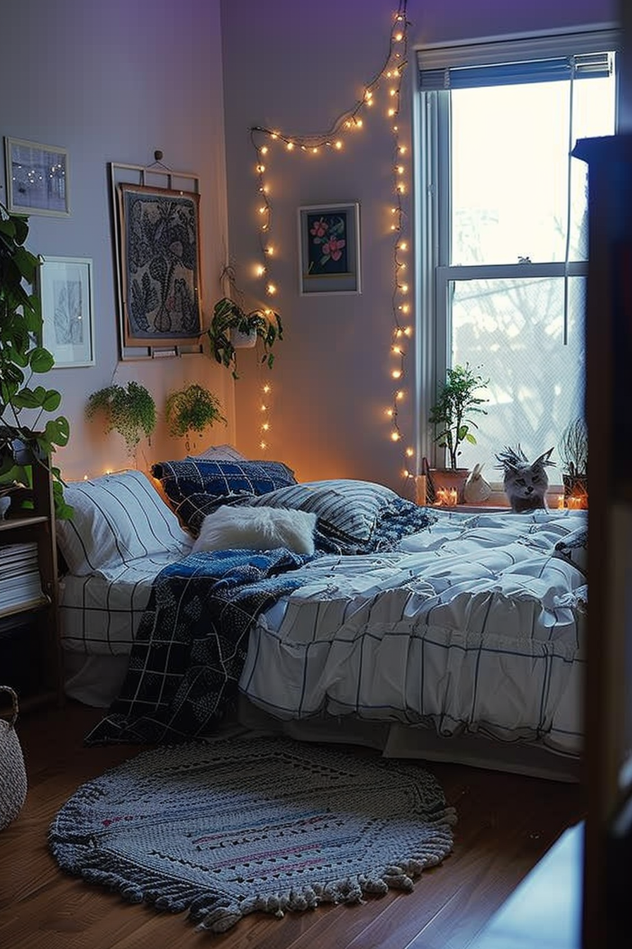 Cozy bedroom with a bed covered in blankets, string lights on the wall, plants, artwork, and a window with natural light.
