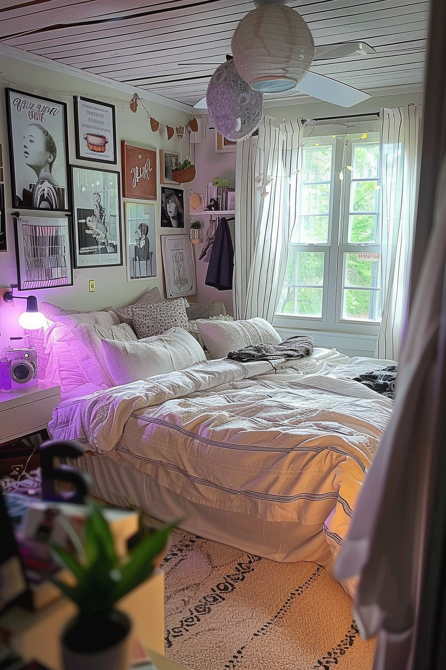Cozy bedroom with a white bed, purple lighting, framed art on walls, and a large window with curtains.