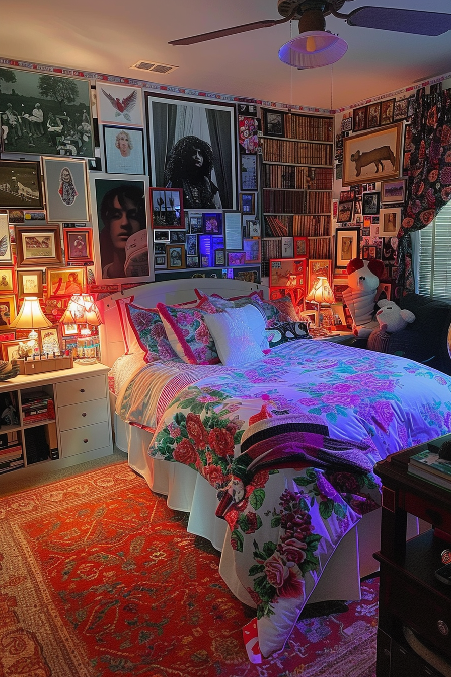 Alt text: Eclectic bedroom filled with wall-to-wall artwork and memorabilia, featuring a vibrantly patterned bedspread and a red oriental rug.