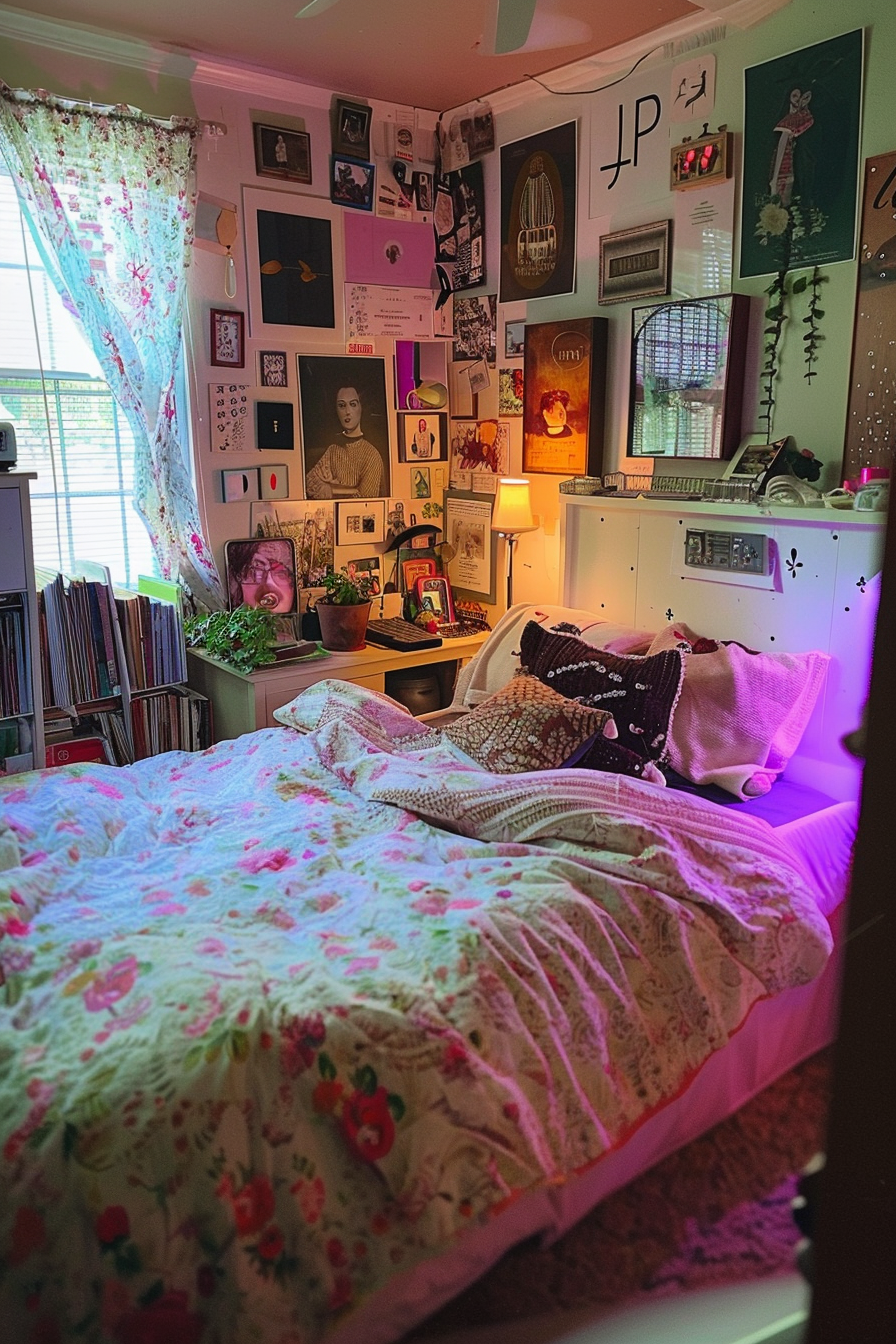 A cozy bedroom with floral bedding, walls adorned with various pictures and posters, and purple ambient lighting.