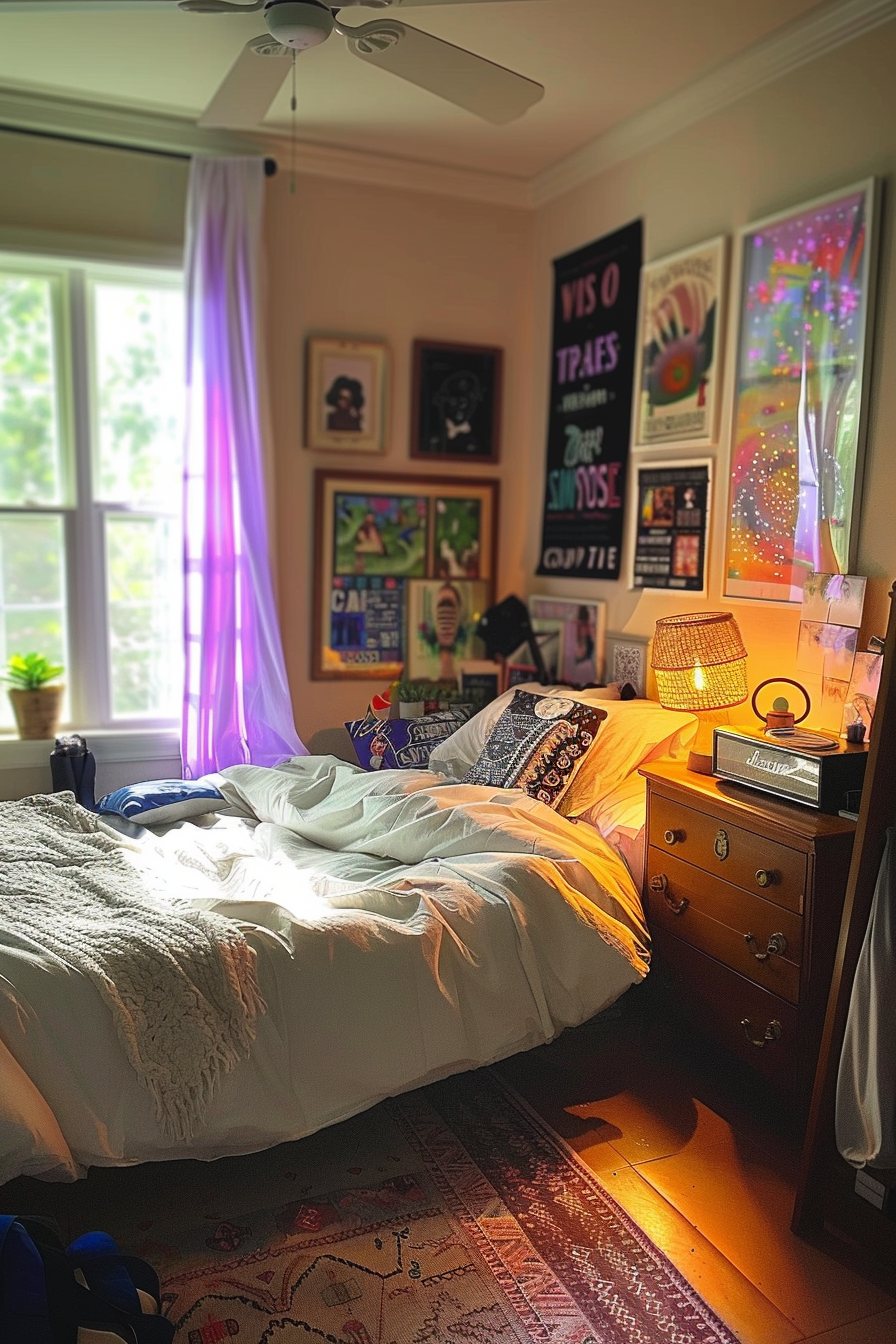 Cozy bedroom with an unmade bed, colorful tapestries on the walls, a lit lamp, and sunlight streaming through a window with purple curtains.