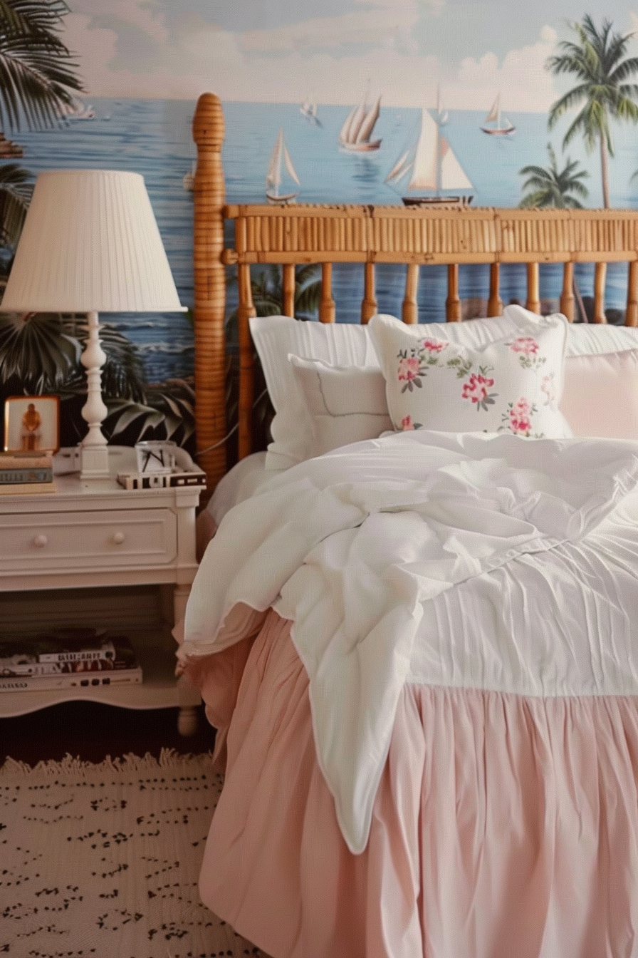 "Cozy bedroom with a nautical theme, featuring a bamboo bed frame, oceanic wallpaper with sailboats, and a pink bedspread with floral pillows."