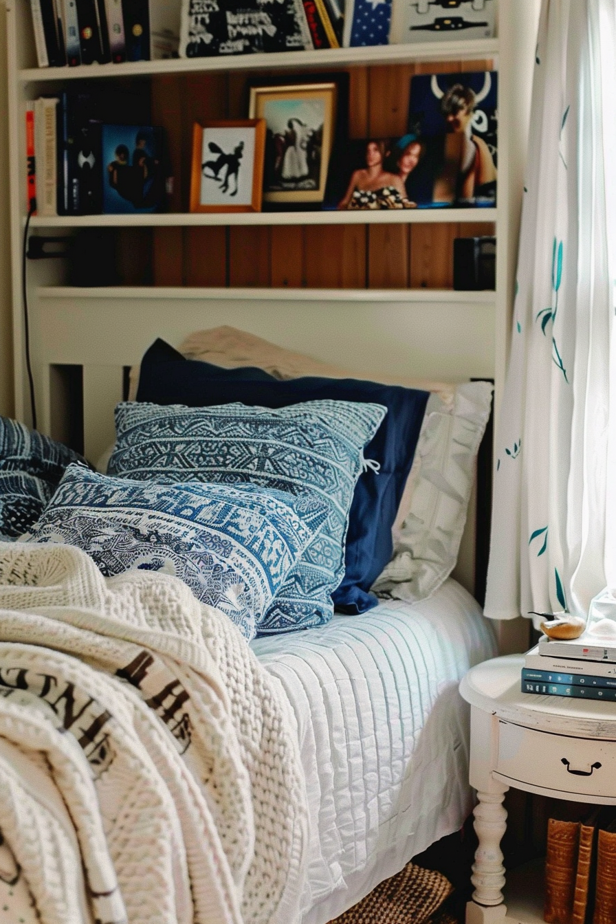 Cozy bedroom with blue patterned pillows on bed, white knit blanket, bookshelf above, and draped curtain on the side.