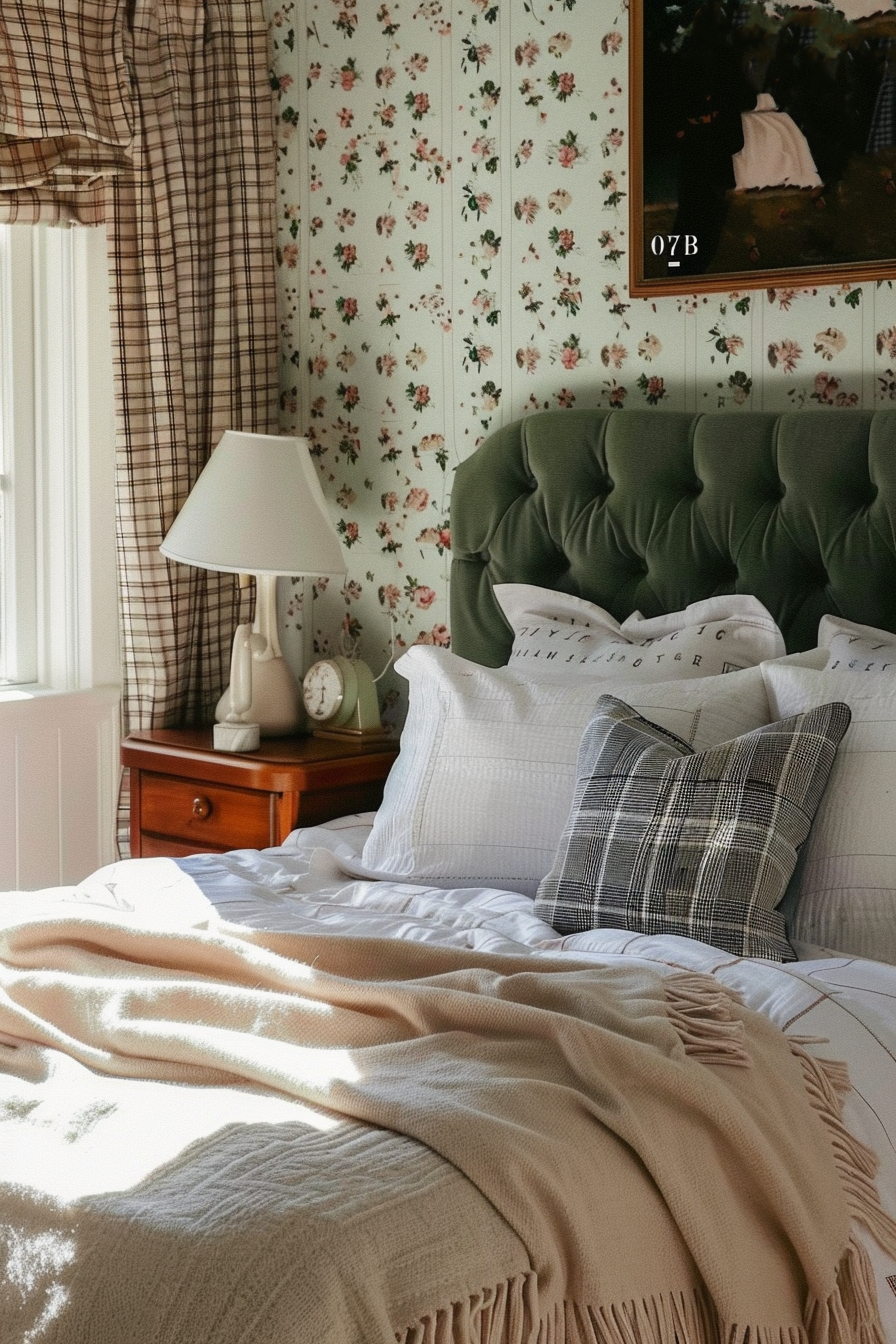 Cozy bedroom interior with floral wallpaper, green tufted headboard, plaid curtains, and a neatly made bed with pillows and a cream throw.