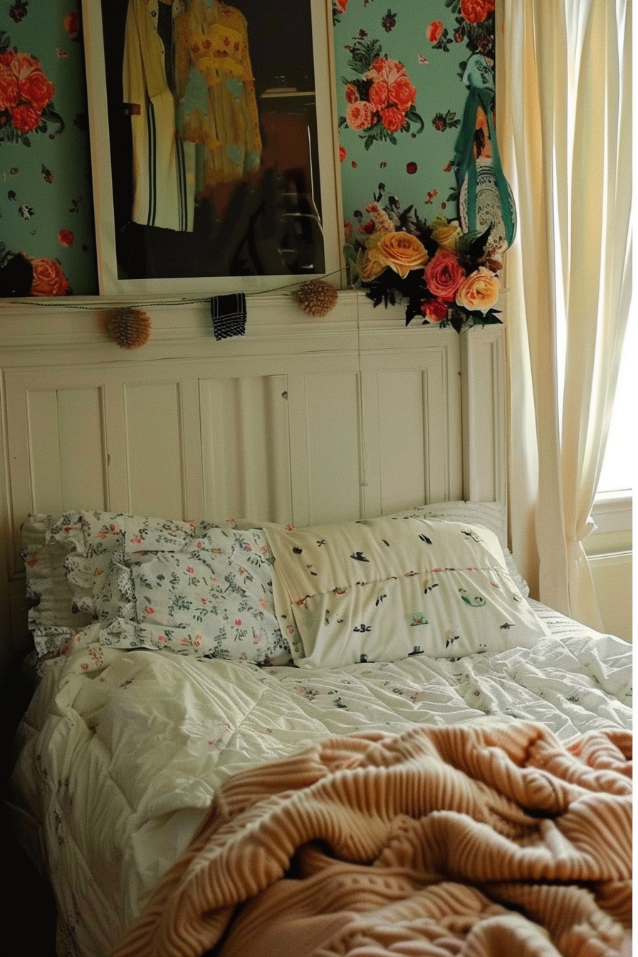 A cozy bedroom with an unmade bed, floral-patterned bedding, and a wall adorned with a floral wallpaper and a mirror.