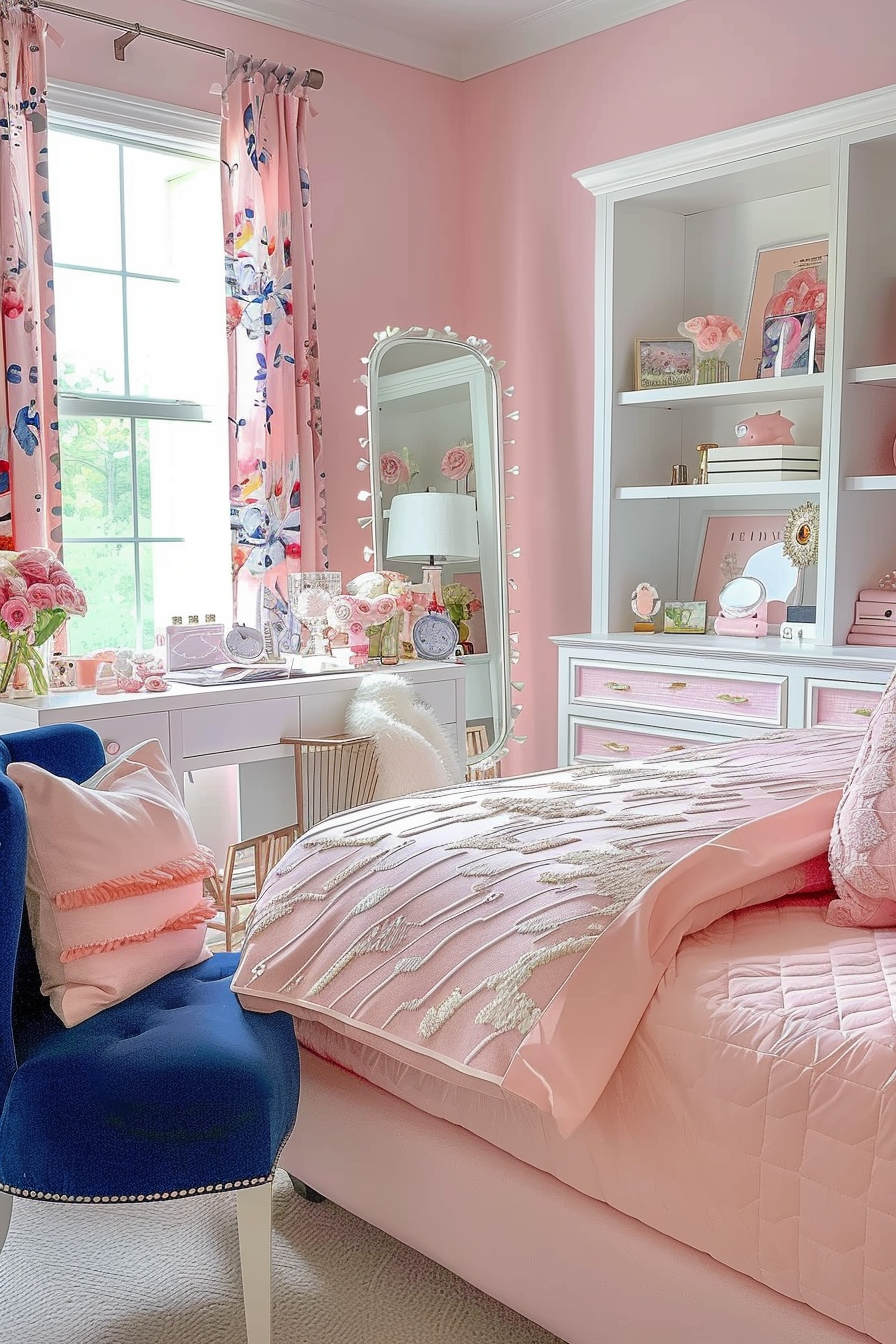 A cozy bedroom with pink walls, floral curtains, a vanity mirror, and a pink bed with decorative pillows.