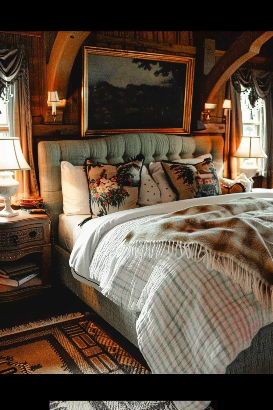 Cozy bedroom interior with tufted headboard, decorative pillows, a framed painting above the bed, and a patterned area rug.
