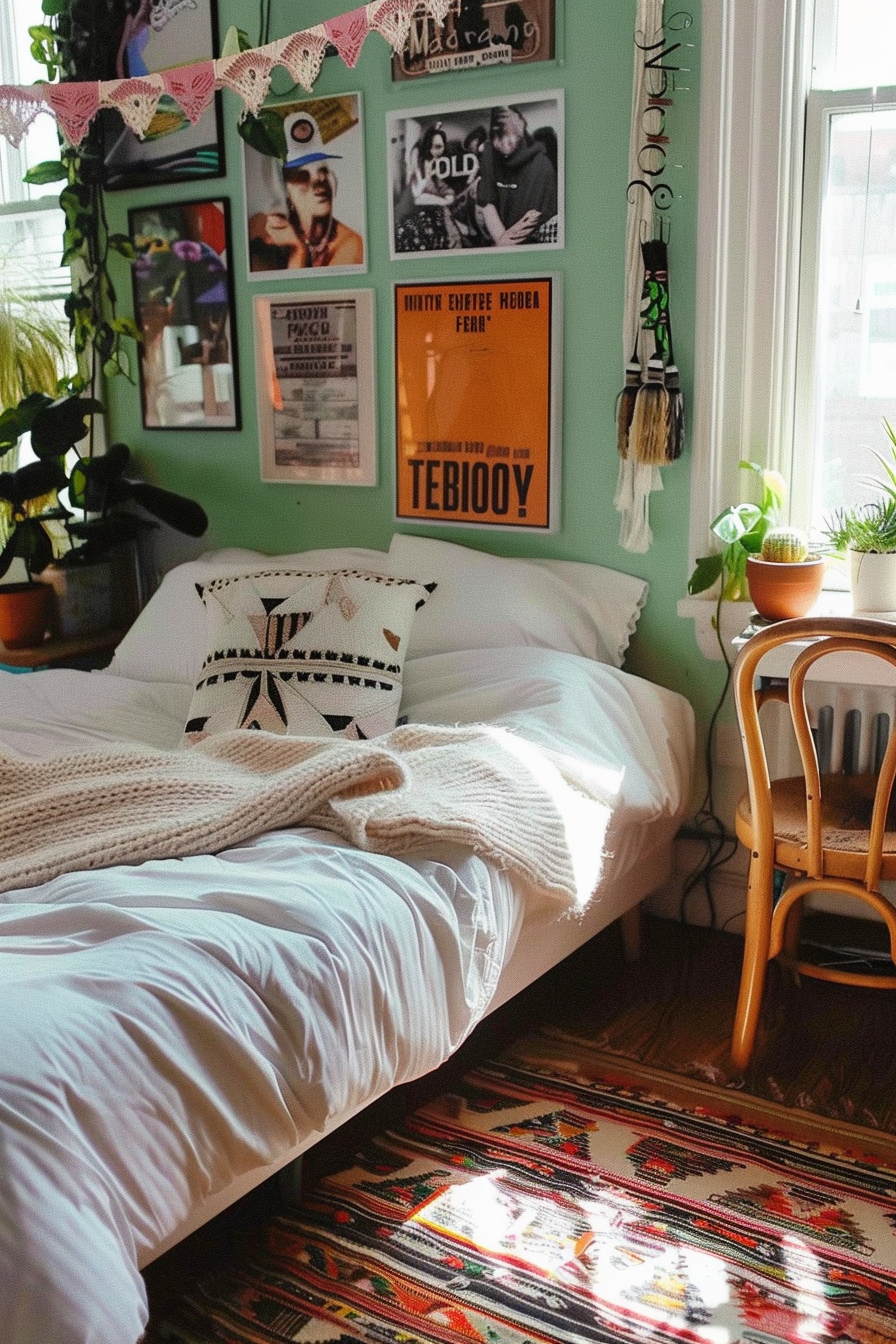 Cozy bedroom corner with a made bed, patterned throw pillow, knit blanket, posters on the wall, wooden chair, and a colorful rug.
