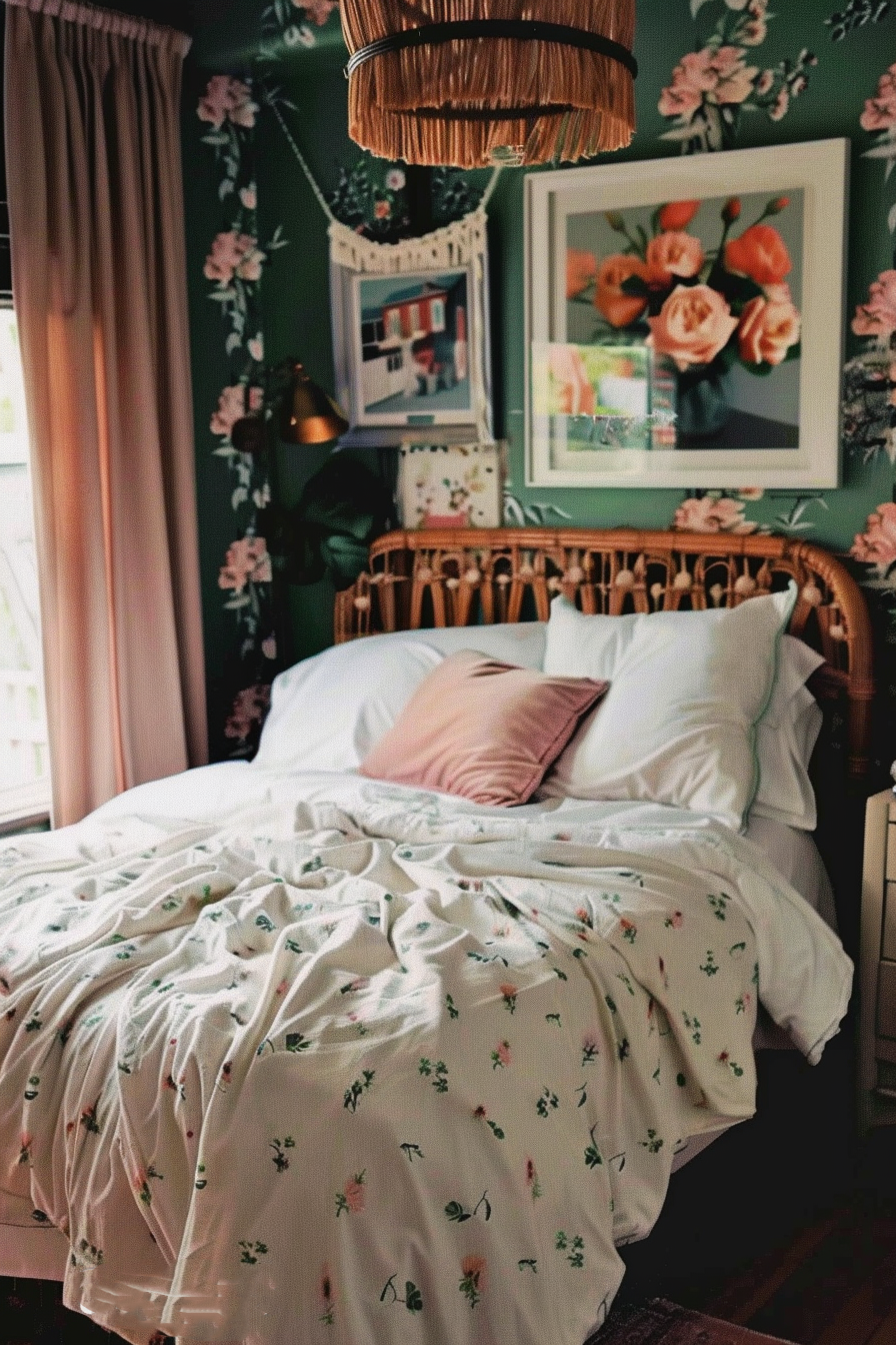 ALT Text: Cozy bedroom with a ruffled floral bedspread, wicker headboard, and bohemian decor, including a tassel lampshade and botanical prints.