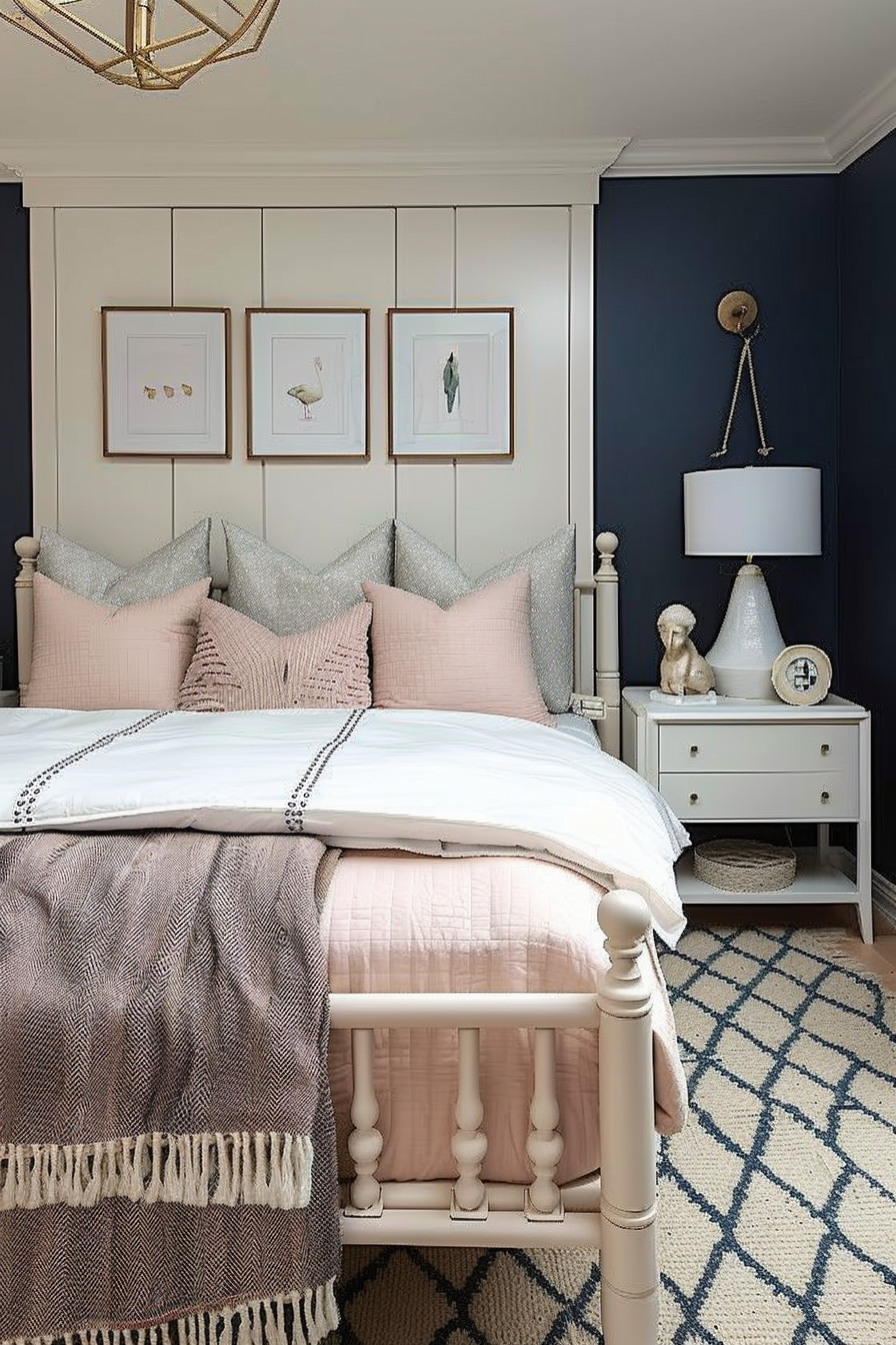 Elegant bedroom with a cream and navy blue color scheme, featuring a bed with decorative pillows, wall art, and a bedside lamp.
