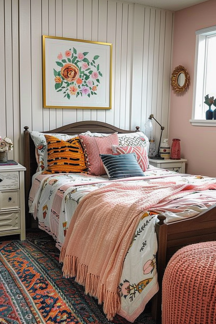 A cozy bedroom with a floral art piece above the bed, patterned pillows, a pink throw blanket, ornate rug, and soft color palette.