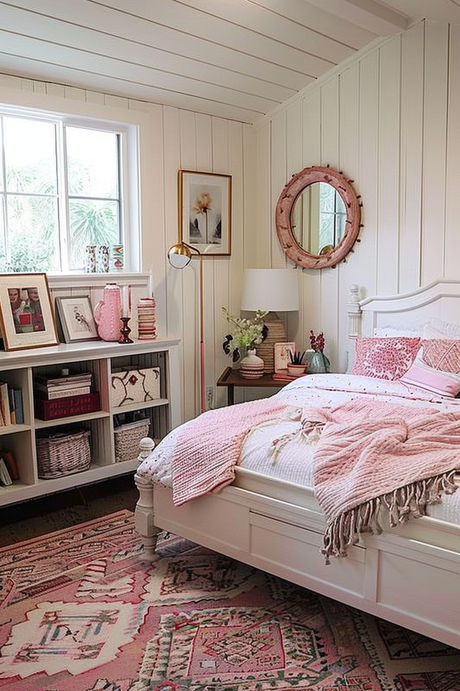 Cozy bedroom interior with white furniture, pink accents on bedding and decor, bookshelf, and an ornate mirror on the wall.