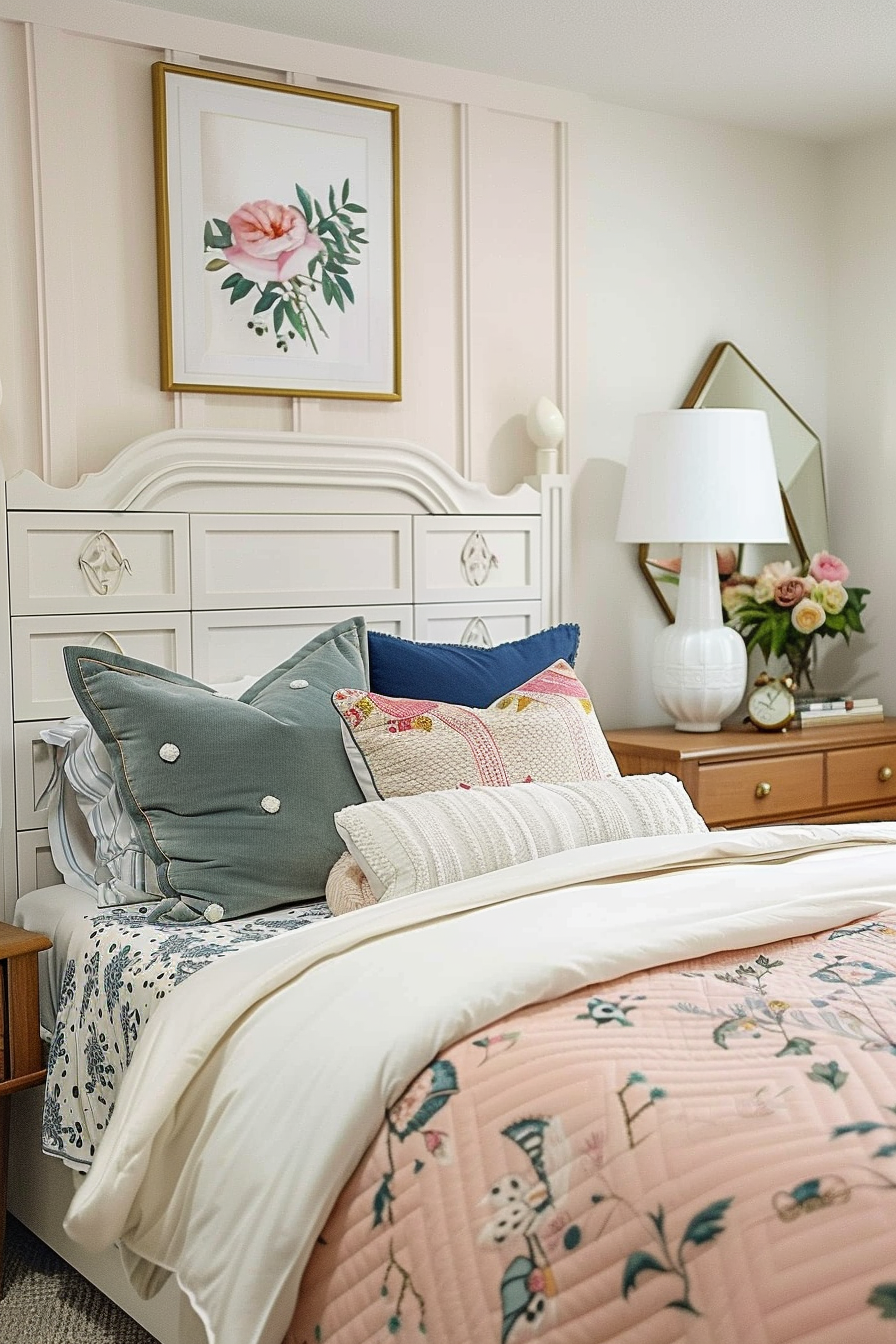 Cozy bedroom with a white bed, colorful accent pillows, framed floral art, bedside lamp, and wood-tone nightstand.