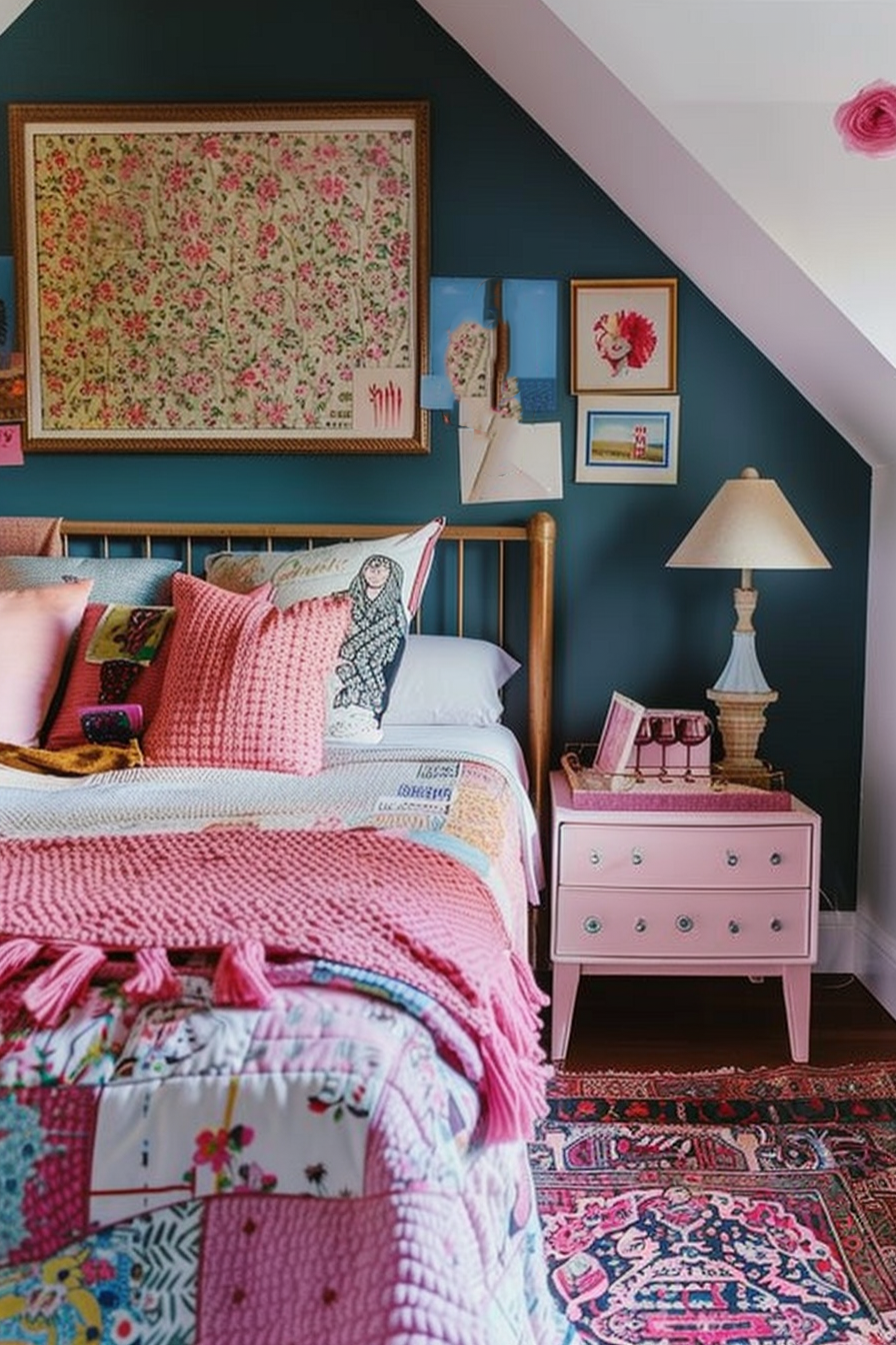 Cozy bedroom with blue walls, a white bed with pink blankets, a pink nightstand, colorful rug, and assorted wall art.