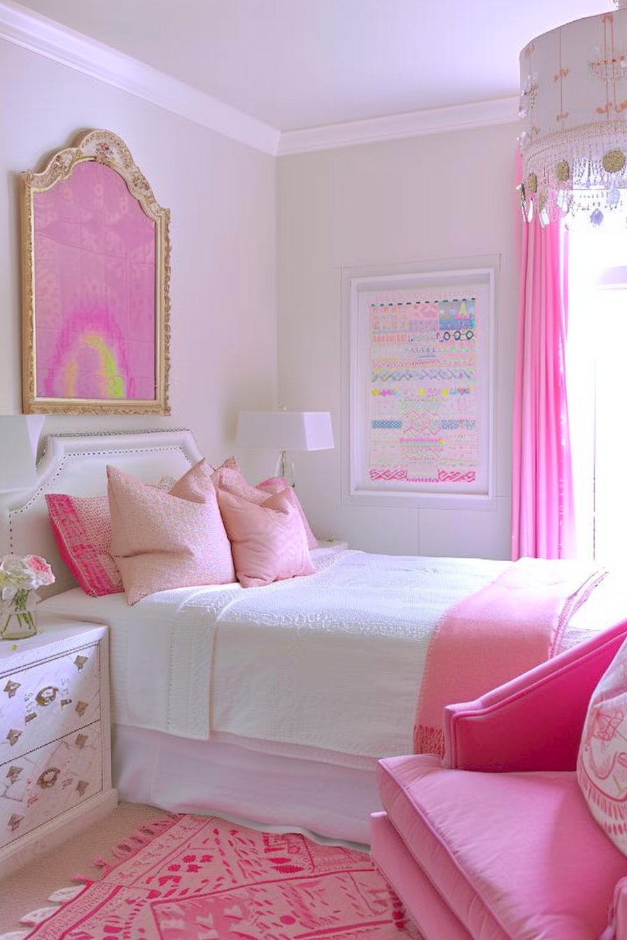 A cozy bedroom with pink decor, featuring a white bed with pink pillows, a pink rug, curtains, a chair, and decorative wall art.