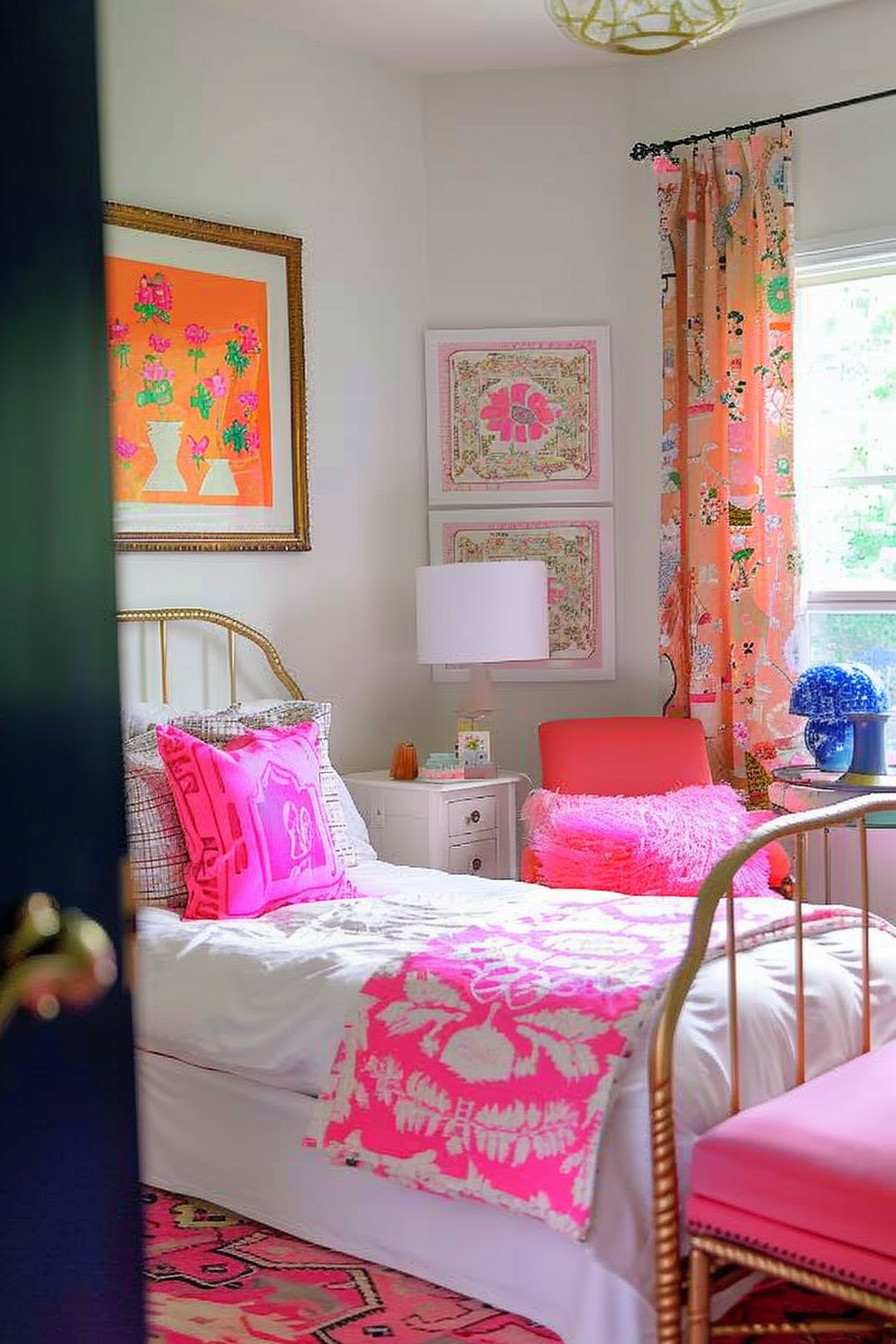 Brightly decorated bedroom with pink accents, patterned textiles, and framed artwork.