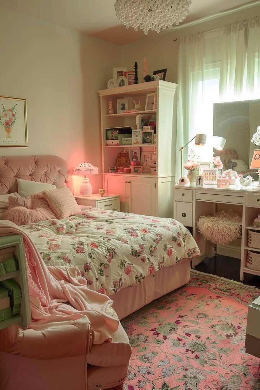 Cozy bedroom with a blush pink color scheme, floral bedding, matching drapery, vintage-style furniture, and decorative accents.