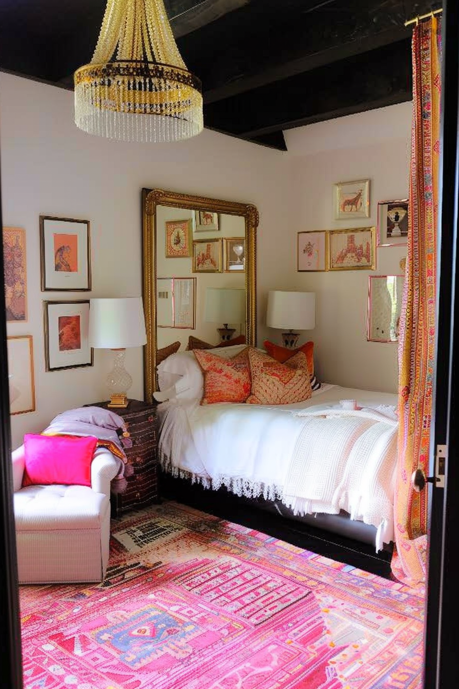 A cozy bedroom with an ornate mirror, bright pink accents, colorful rugs, and a chandelier.