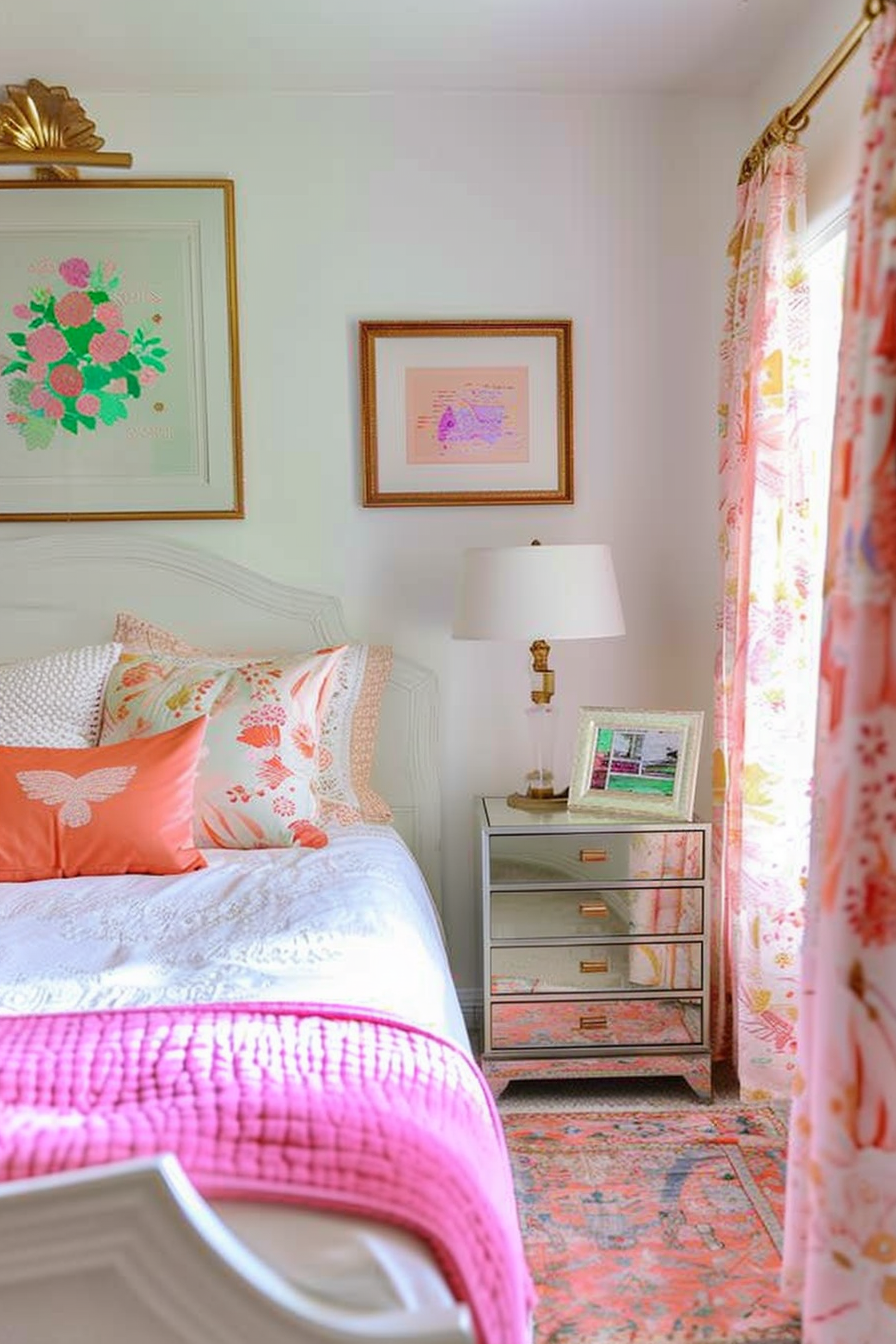 A cozy bedroom with pink and orange accents, floral curtains, mirrored side table, and artwork on the walls.