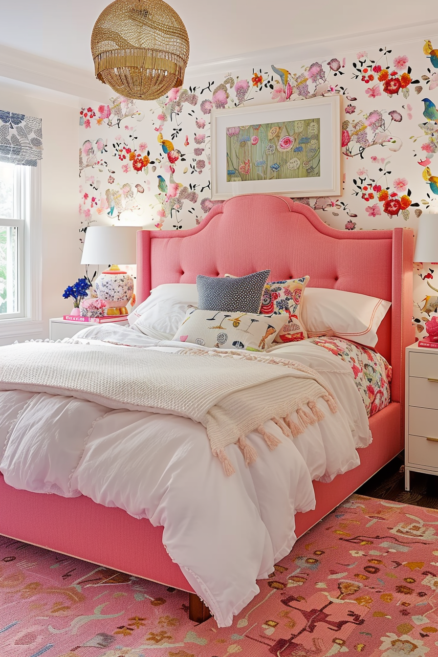 A bright bedroom with a pink upholstered bed, floral wallpaper, and a woven chandelier, complemented by eclectic decor and bedding.