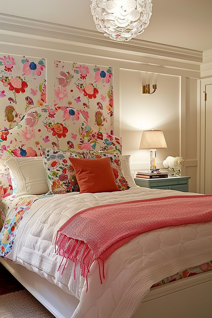 Cozy bedroom with a colorful floral headboard, white bedding, red throw, and a bedside lamp casting a warm glow.