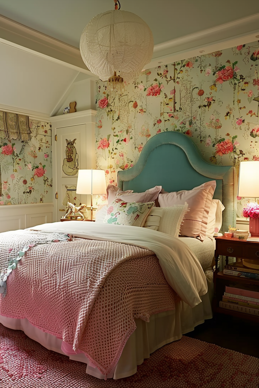 A cozy bedroom with floral wallpaper, a teal headboard, a pink crocheted blanket, and a hanging paper lantern.