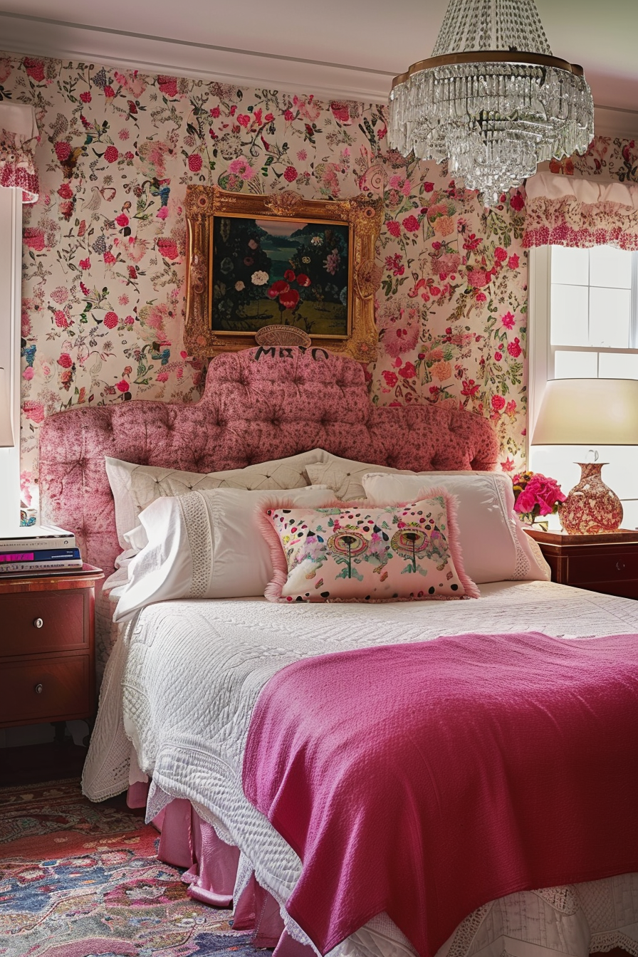 A cozy bedroom with floral wallpaper, pink upholstered bed, white bedding, pink throw, and a crystal chandelier.