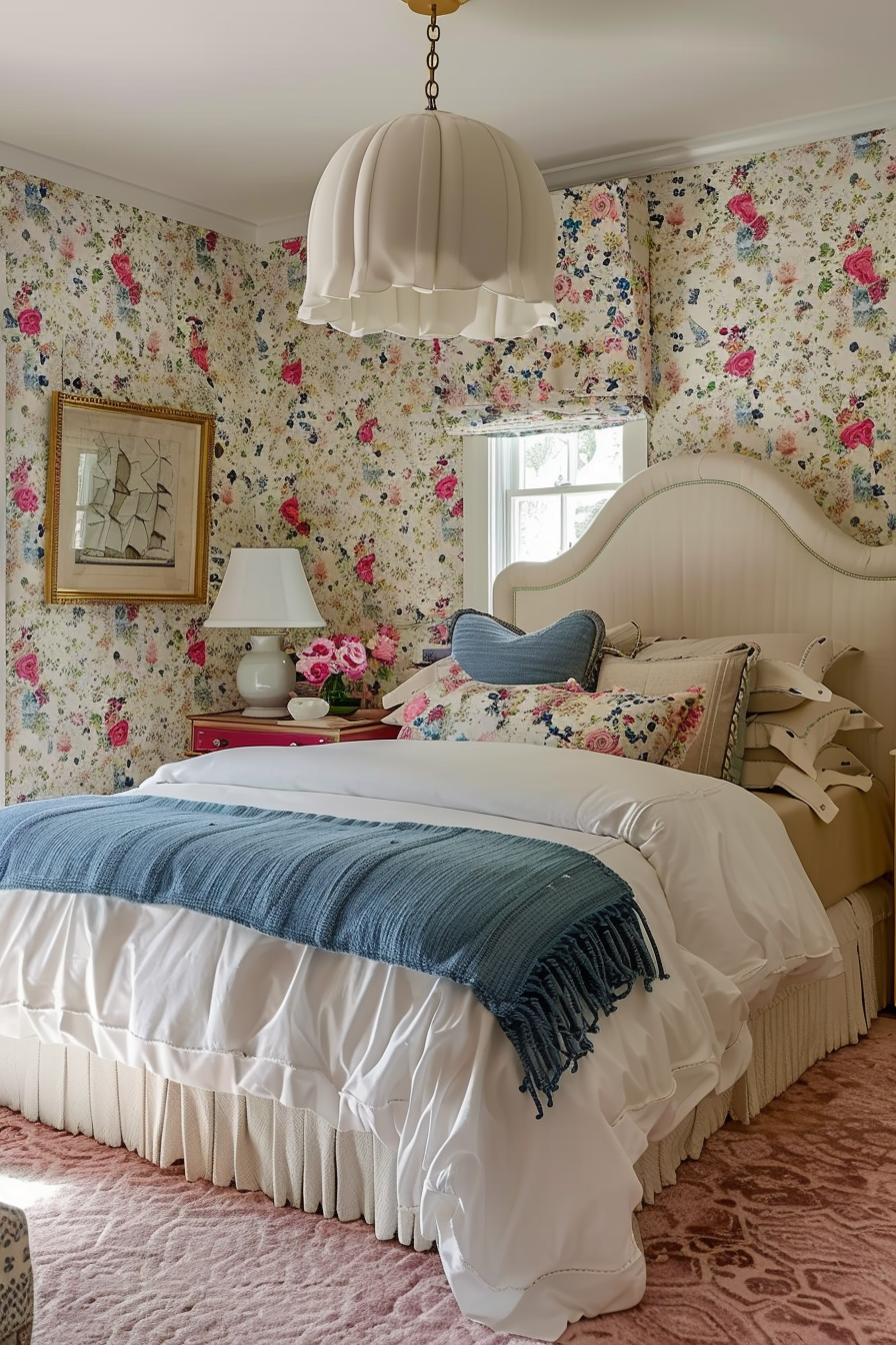 ALT: Cozy bedroom with floral wallpaper, a white bed with a blue blanket, vintage furniture, and a white ceiling lamp.