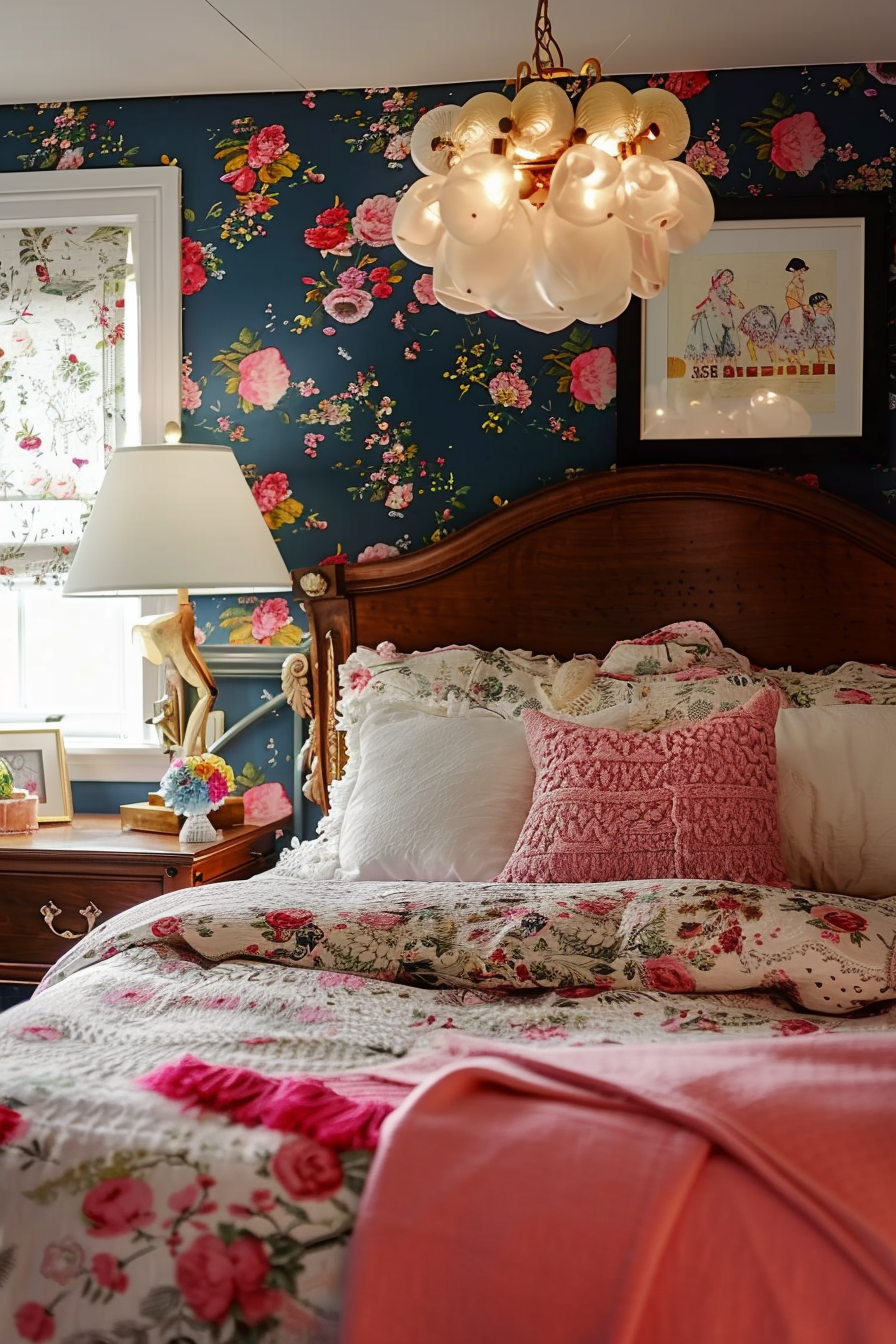 Cozy bedroom with dark floral wallpaper, wooden bed with pink and white bedding, and unique bubble-style light fixture.