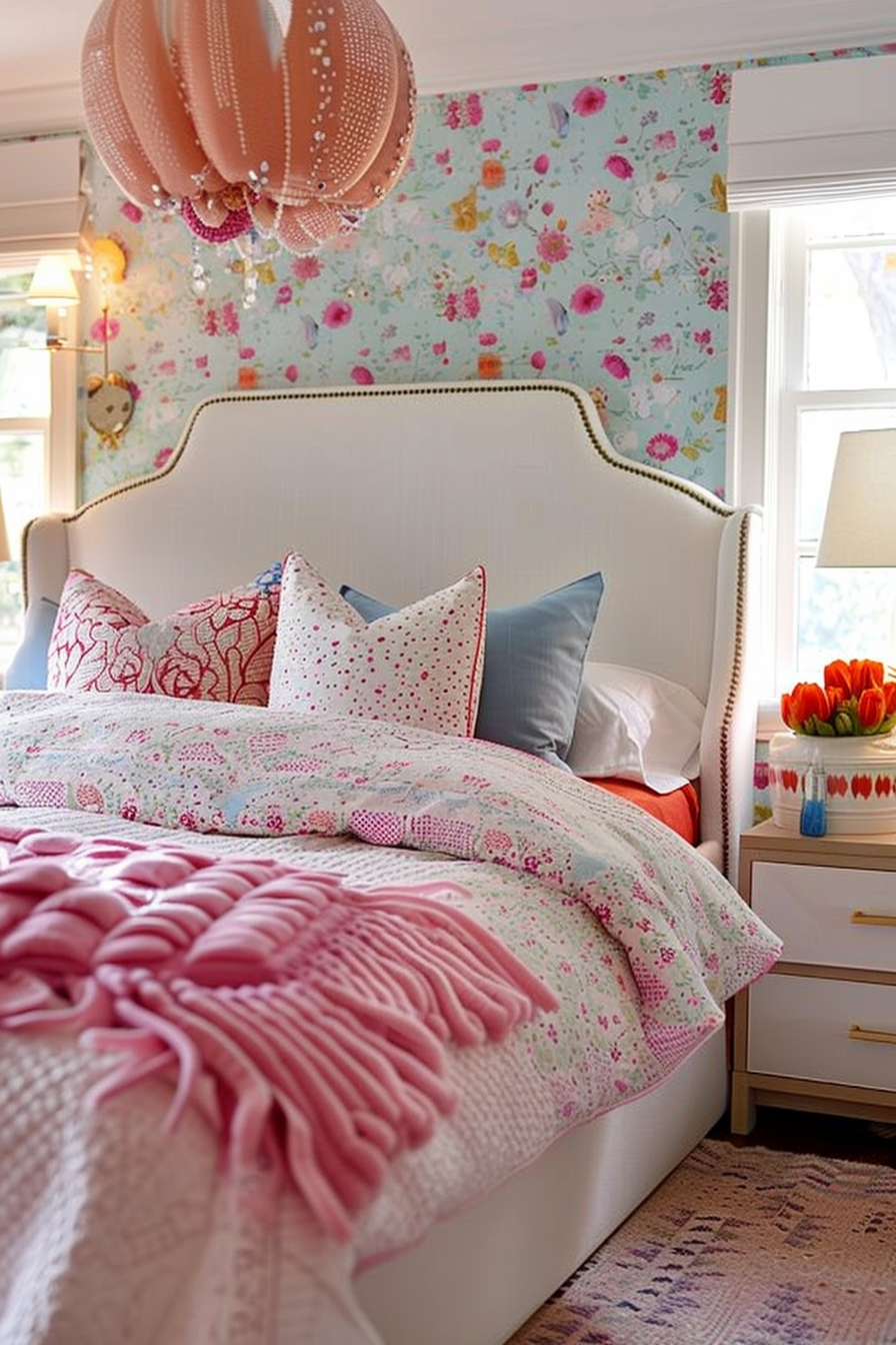 A cozy bedroom with a floral wallpaper, white headboard, patterned bedding, pink knit throw, and a unique hanging light fixture.