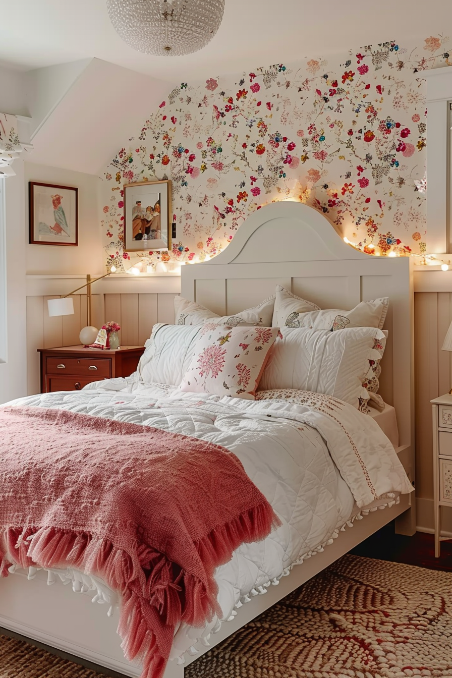 Cozy bedroom interior with floral wallpaper, white bedding, a coral throw blanket, and warm string lights.
